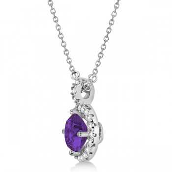 Amethyst & Diamond Halo Pendant Necklace 14k White Gold (0.77ct)