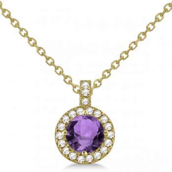 Amethyst & Diamond Halo Pendant Necklace 14k Yellow Gold (0.77ct)