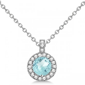 Aquamarine & Diamond Halo Pendant Necklace 14k White Gold (0.82ct)