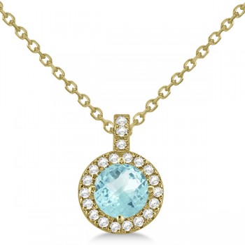 Aquamarine & Diamond Halo Pendant Necklace 14k Yellow Gold (0.82ct)