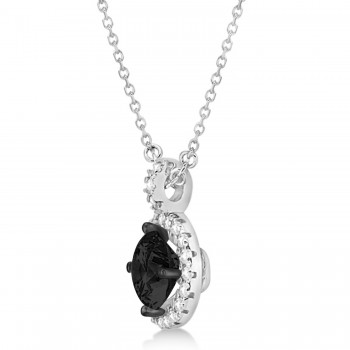 Black Diamond & Diamond Halo Pendant Necklace Round  14k White Gold (1.00ct)