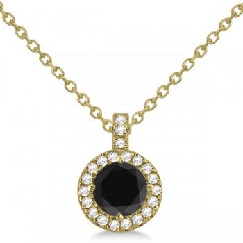 Black Diamond & Diamond Halo Pendant Necklace Round  14k Yellow Gold (1.00ct)