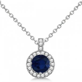 Blue Sapphire & Diamond Halo Pendant Necklace 14k White Gold (1.07ct)
