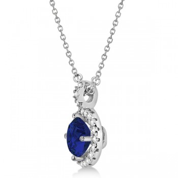 Blue Sapphire & Diamond Halo Pendant Necklace 14k White Gold (1.07ct)