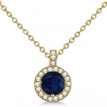 Blue Sapphire & Diamond Halo Pendant Necklace 14k Yellow Gold (1.07ct)