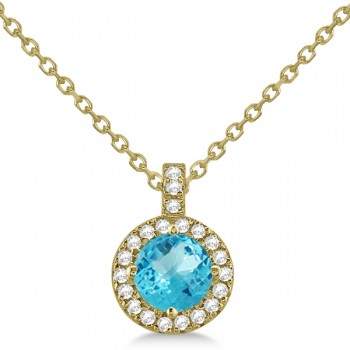 Blue Topaz & Diamond Halo Pendant Necklace 14k Yellow Gold (0.98ct)