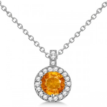 Citrine & Diamond Halo Pendant Necklace 14k White Gold (0.77ct)