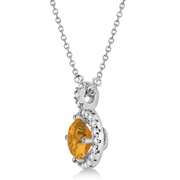 Citrine & Diamond Halo Pendant Necklace 14k White Gold (0.77ct)
