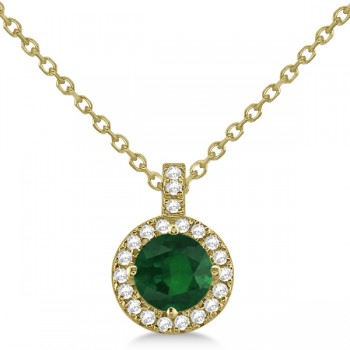 Emerald & Diamond Halo Pendant Necklace 14k Yellow Gold (0.90ct)