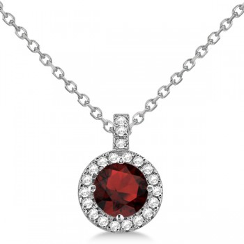 Garnet & Diamond Halo Pendant Necklace 14k White Gold (1.01ct)