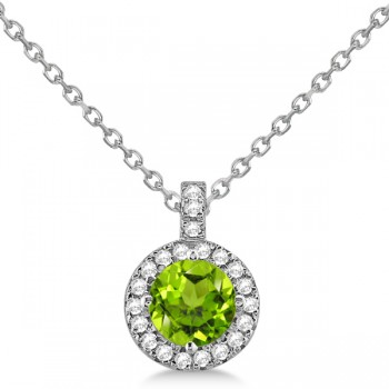 Peridot & Diamond Halo Pendant Necklace 14k White Gold (0.87ct)