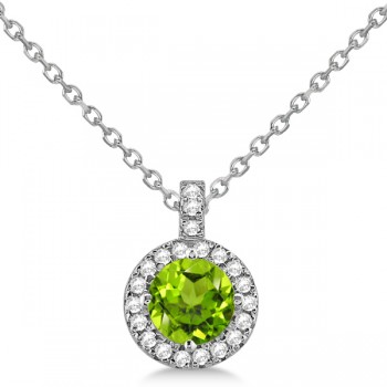 Peridot & Diamond Halo Pendant Necklace 14k White Gold (0.87ct)