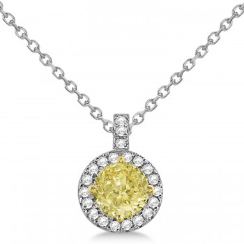 Yellow Diamond & Diamond Halo Pendant Necklace Round  14k White Gold (1.00ct)