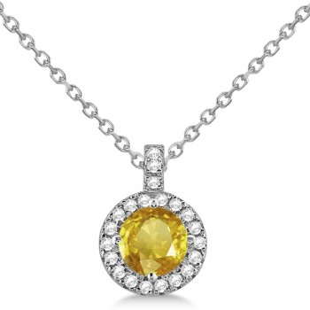 Yellow Sapphire & Diamond Halo Pendant Necklace 14k White Gold (1.07ct)