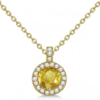 Yellow Sapphire & Diamond Halo Pendant Necklace 14k Yellow Gold (1.07ct)