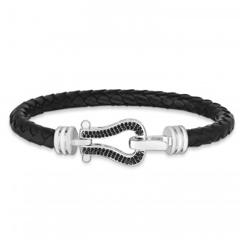 Men's Diamond & Sterling Silver Leather Black Buckle Bracelet (0.36 ct)