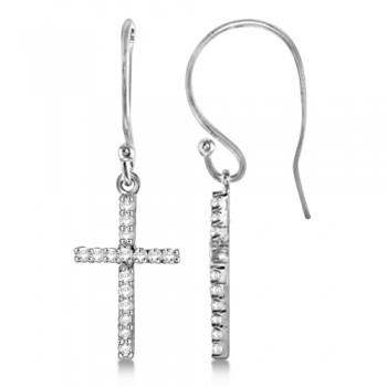 Dangle Christian Diamond Cross Earrings 14K White Gold (0.20ct)