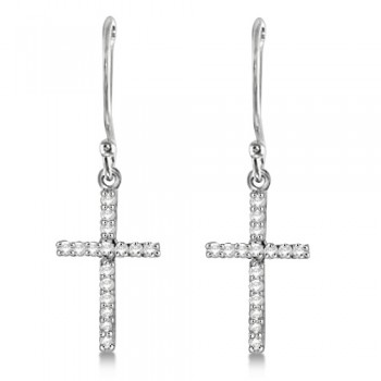 Dangle Christian Diamond Cross Earrings 14K White Gold (0.20ct)