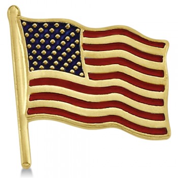USA American Flag Lapel Pin with Red & Blue Enamel 14K Yellow Gold