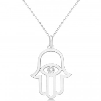 Hamsa Evil Eye Diamond Pendant Necklace 14k White Gold (0.02ct)