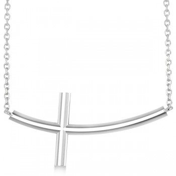 Curved Sideways Cross Necklace Religious Pendant 14k White Gold
