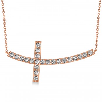 Diamond Sideways Curved Cross Pendant Necklace 14k Rose Gold 1.10ct