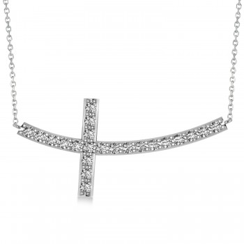 Lab Grown Diamond Sideways Curved Cross Pendant Necklace 14k White Gold 1.10ct