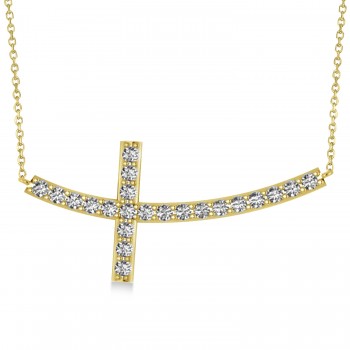 Diamond Sideways Curved Cross Pendant Necklace 14k Yellow Gold 1.10ct