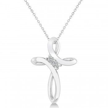 Diamond Two Stone Swirl Cross Pendant Necklace 14k White Gold (0.10ct)