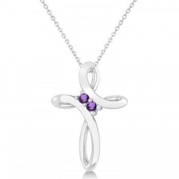 Amethyst Two Stone Swirl Cross Pendant Necklace 14k White Gold (0.10ct)