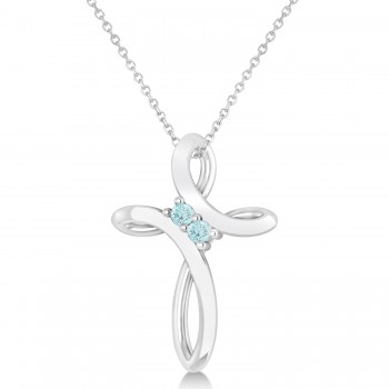 Aquamarine Two Stone Swirl Cross Pendant Necklace 14k White Gold (0.10ct)