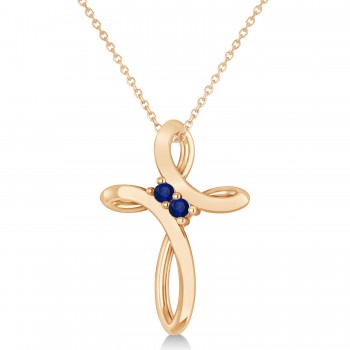Blue Sapphire Two Stone Swirl Cross Pendant Necklace 14k Rose Gold (0.10ct)