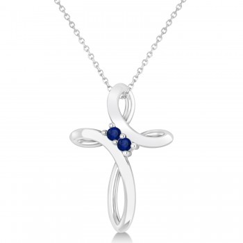 Blue Sapphire Two Stone Swirl Cross Pendant Necklace 14k White Gold (0.10ct)