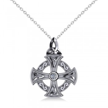 Diamond Celtic Cross Pendant Necklace 14K White Gold (0.02ct)