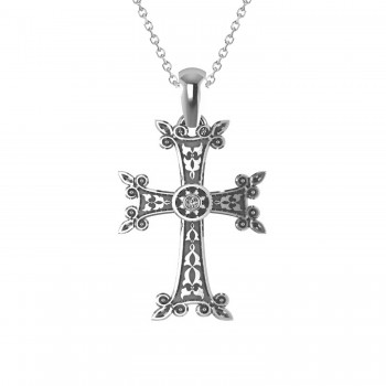 Diamond Accented Armenian Cross Pendant Necklace 14k White Gold (0.01ctw)