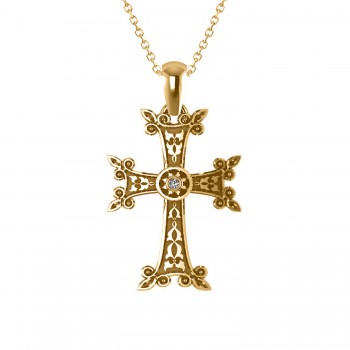Diamond Accented Armenian Cross Pendant Necklace 14k Yellow Gold (0.01ctw)