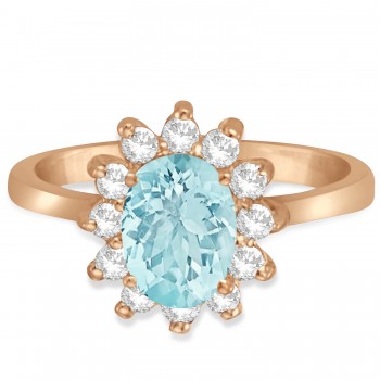 Lady Diana Oval Lab Aquamarine & Lab Grown Diamond Ring 14k Rose Gold (1.50 ctw)