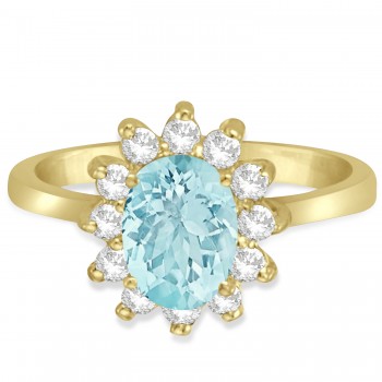 Lady Diana Oval Lab Aquamarine & Lab Grown Diamond Ring 14k Yellow Gold (1.50 ctw)