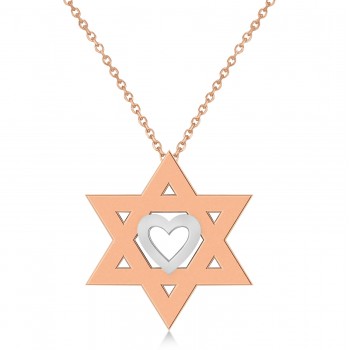 Jewish Star of David & Heart Pendant Necklace 14K Two-Tone Rose Gold