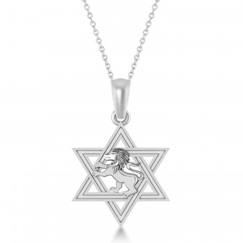 Star of David with Lion Pendant Necklace 14k White Gold