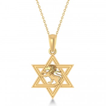 Star of David with Lion Pendant Necklace 14k Yellow Gold