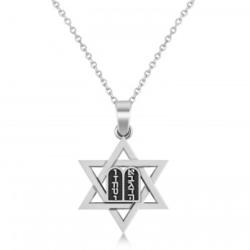 Jewish Star of David with Torah Pendant Necklace 14K White Gold