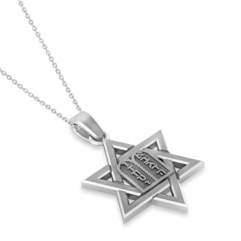 Jewish Star of David with Torah Pendant Necklace 14K White Gold