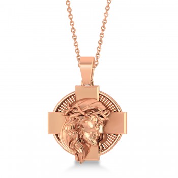 Jesus Christ Head Cross Men's Pendant Necklace 14k Rose Gold