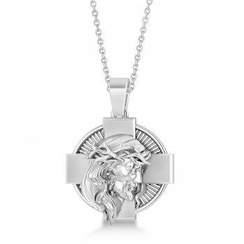 Jesus Christ Head Cross Men's Pendant Necklace 14k White Gold