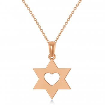 Jewish Star of David & Heart Pendant Necklace 14K Rose Gold