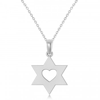 Jewish Star of David & Heart Pendant Necklace 14K White Gold