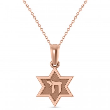 Jewish Star of David with Chai Pendant Necklace 14K Rose Gold