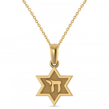 Jewish Star of David with Chai Pendant Necklace 14K Yellow Gold