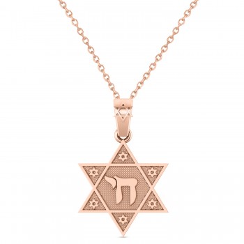 Jewish Star of David with Chai Pendant Necklace 14K Rose Gold
